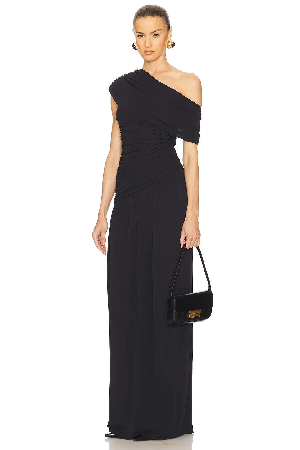 Reunindo vestido maxi sólido de um ombro