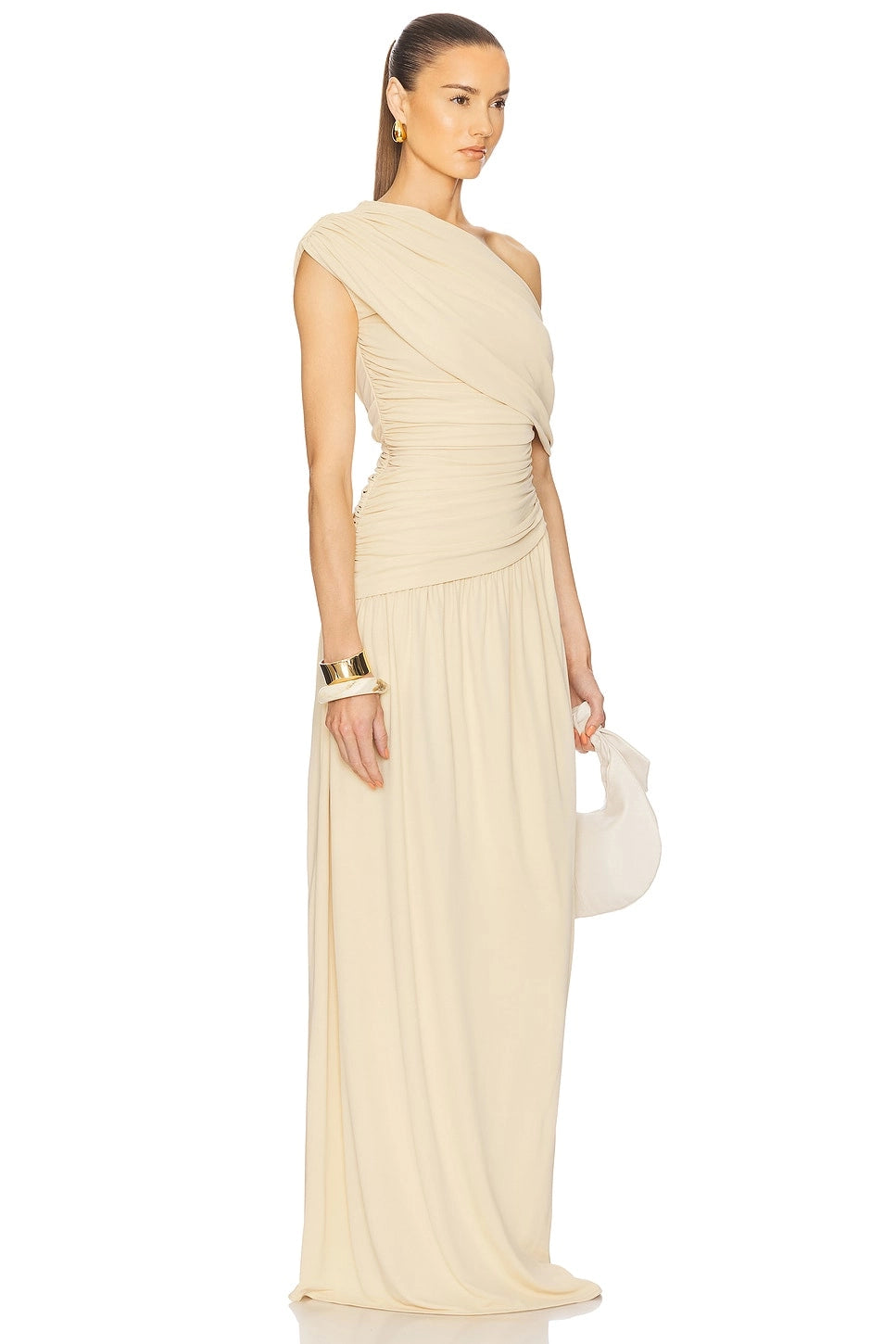 Reunindo vestido maxi sólido de um ombro