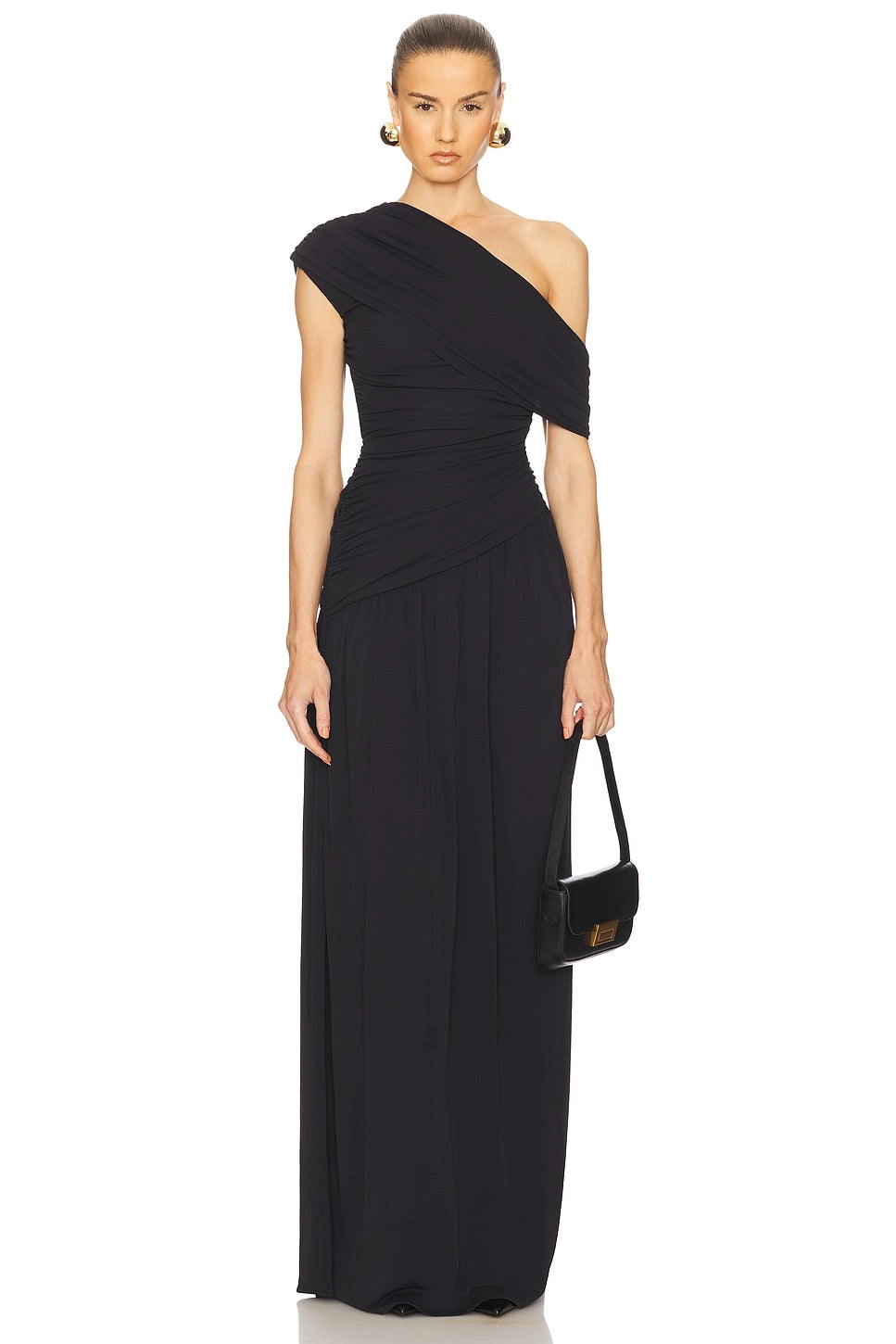 Reunindo vestido maxi sólido de um ombro