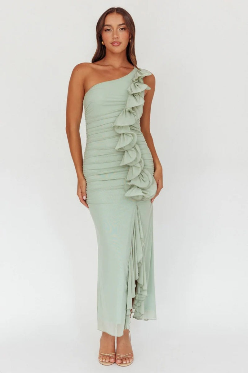 Vestido longo Haven com babados e um ombro só, Sage