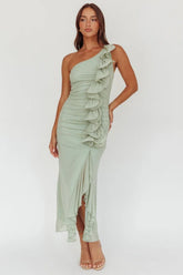 Vestido longo Haven com babados e um ombro só, Sage