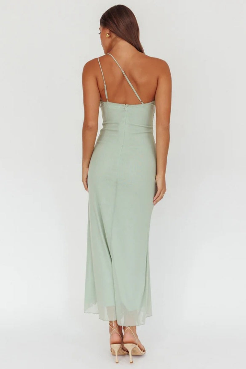 Vestido longo Haven com babados e um ombro só, Sage