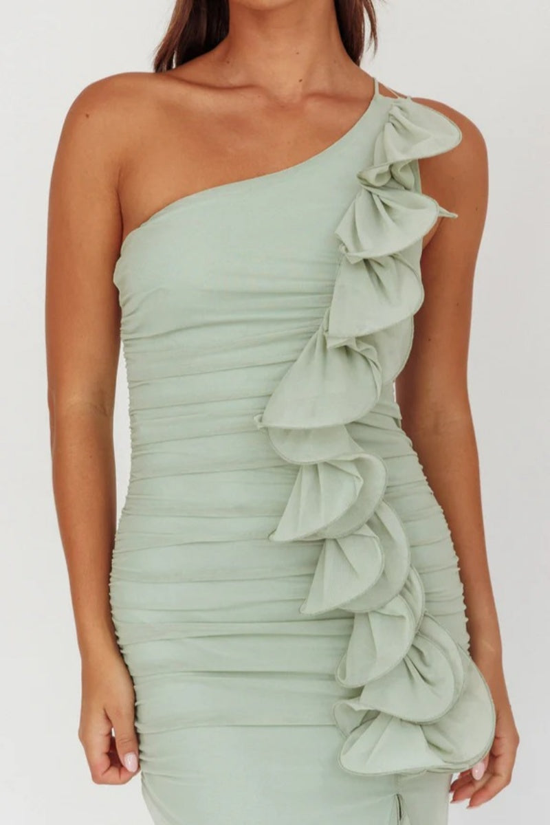 Vestido longo Haven com babados e um ombro só, Sage