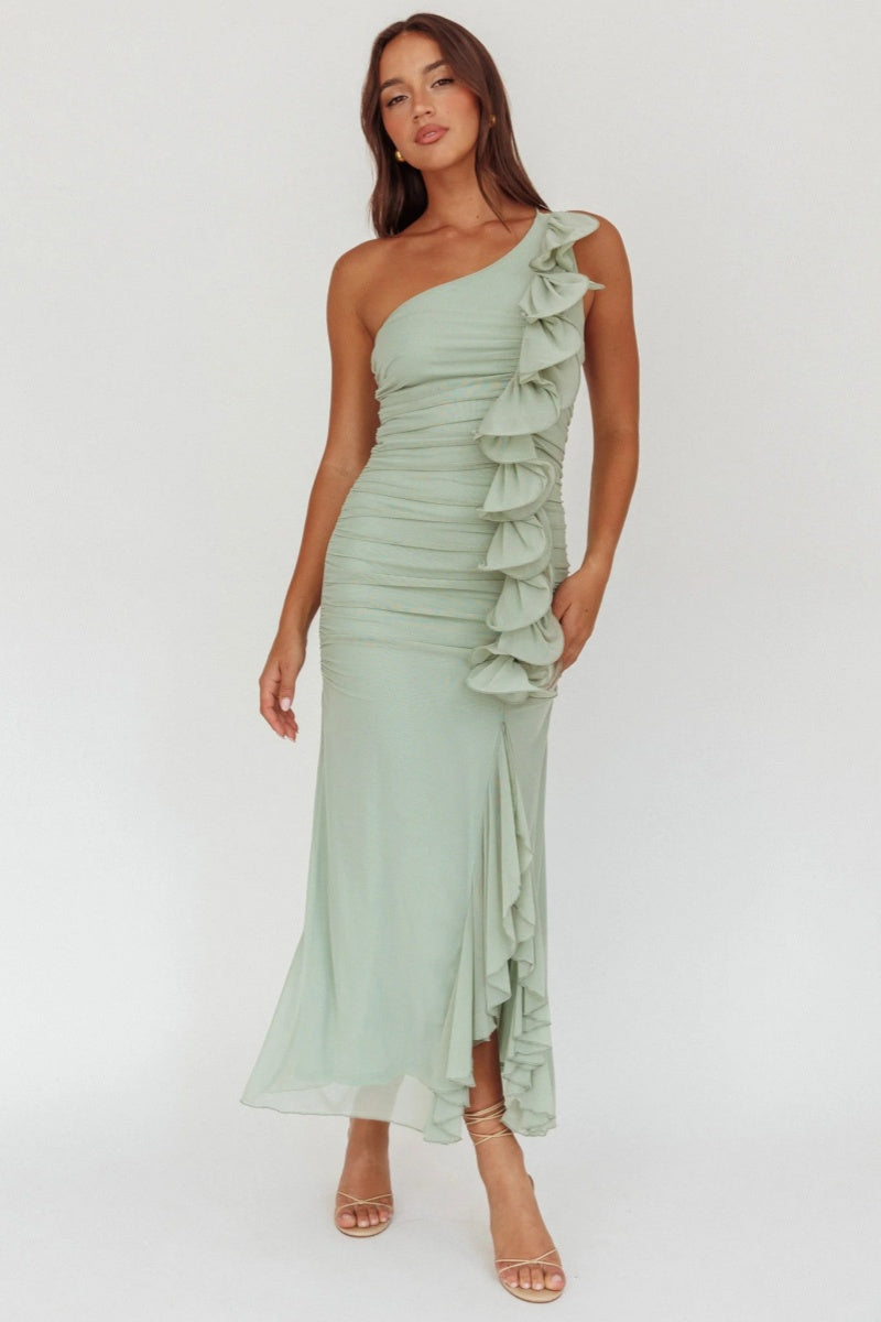 Vestido longo Haven com babados e um ombro só, Sage