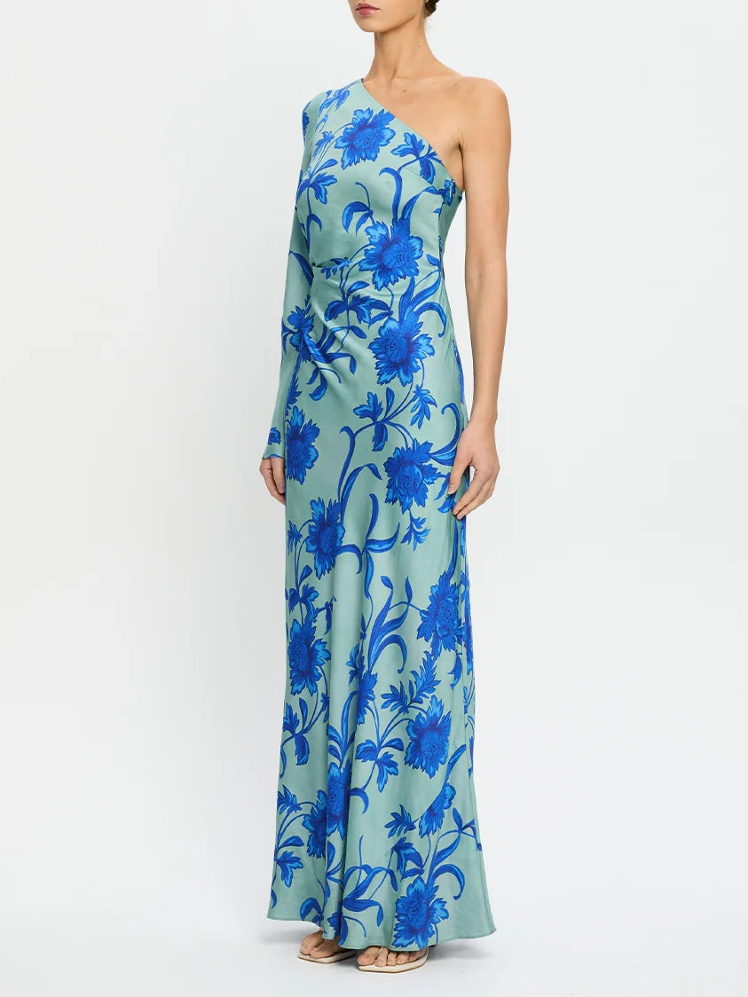 Teal One-shoulder Floral Print Maxi Dress