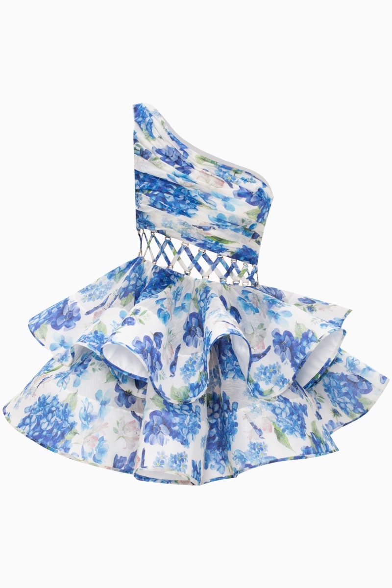 Mini vestido de chiffon com estampa floral de um ombro Andrea