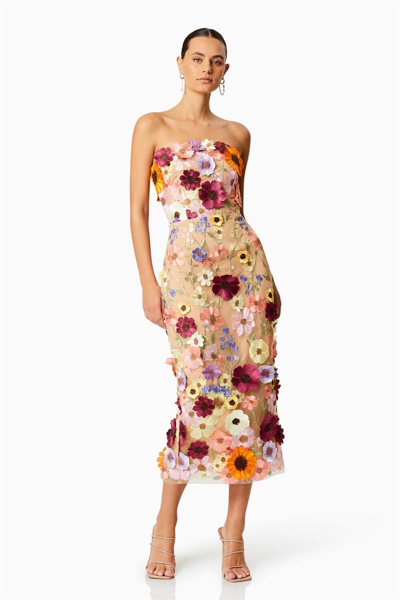 Vestido midi sem alças com bordado floral Belle