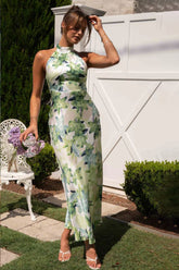 Vestido midi de cetim com decote halter e costas nuas estampado Gill