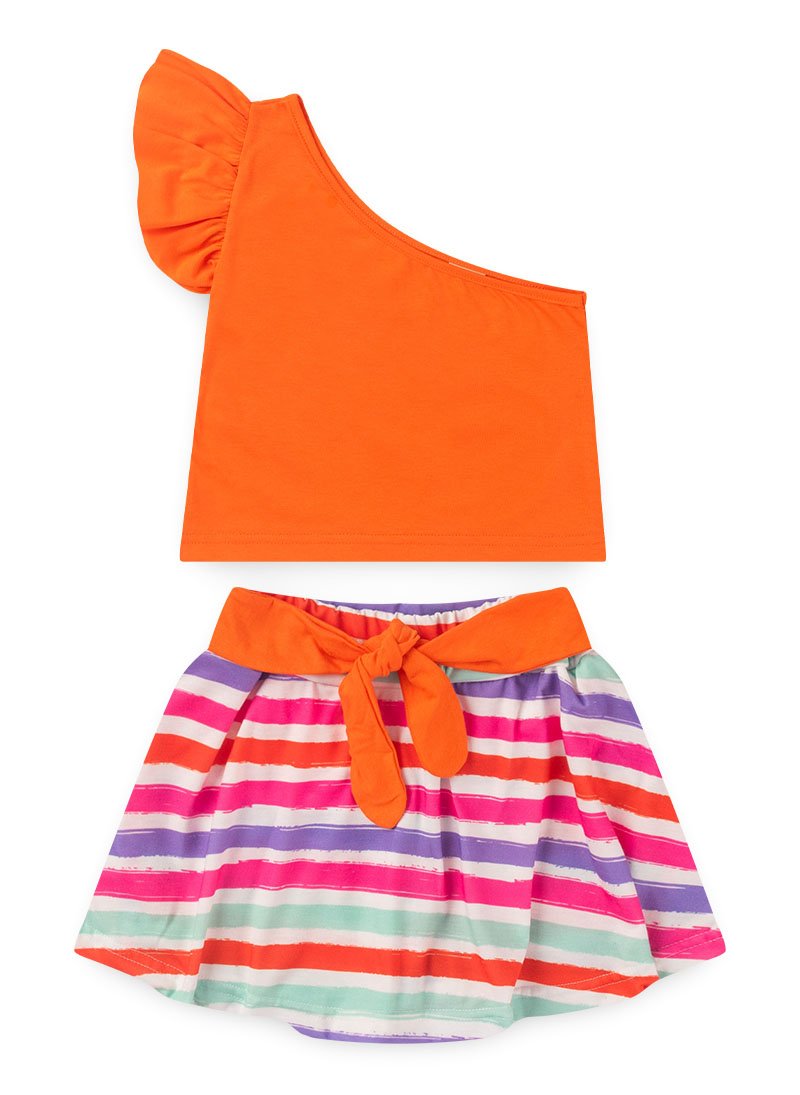 Conjunto Verão Menina Vitamina Cropped Ombro Único E Shorts Saia Com Amarração