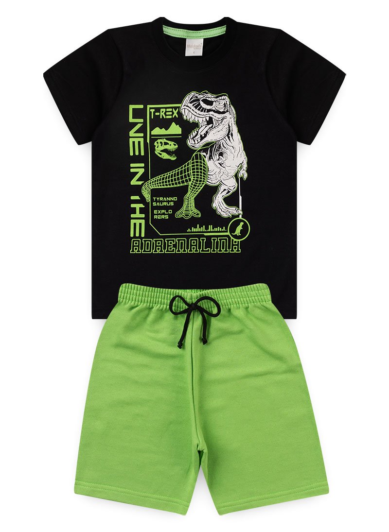 Conjunto Verão Menino Preto Camiseta e Bermuda Dino