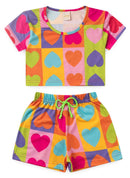 Conjunto Verão Menina Magenta Cropped e Shorts Corações