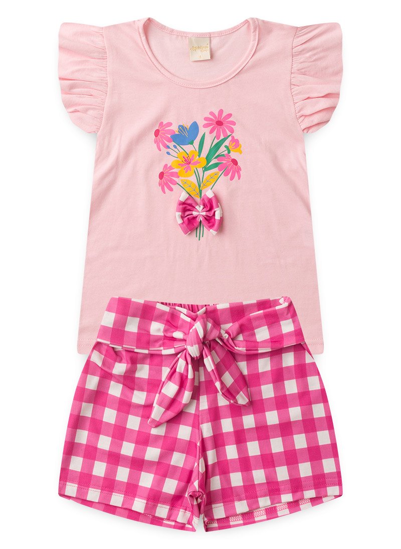 Conjunto Verão Menina Rosa Blusa e Shorts com Faixa Sobreposta Flores do Jardim