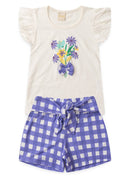 Conjunto Verão Menina Natural Blusa e Shorts com Faixa Sobreposta Flores do Jardim