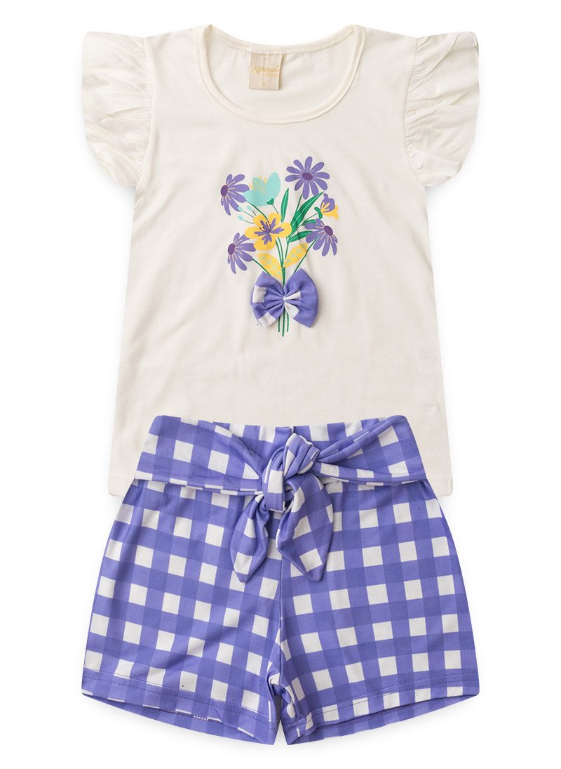 Conjunto Verão Menina Natural Blusa e Shorts com Faixa Sobreposta Flores do Jardim