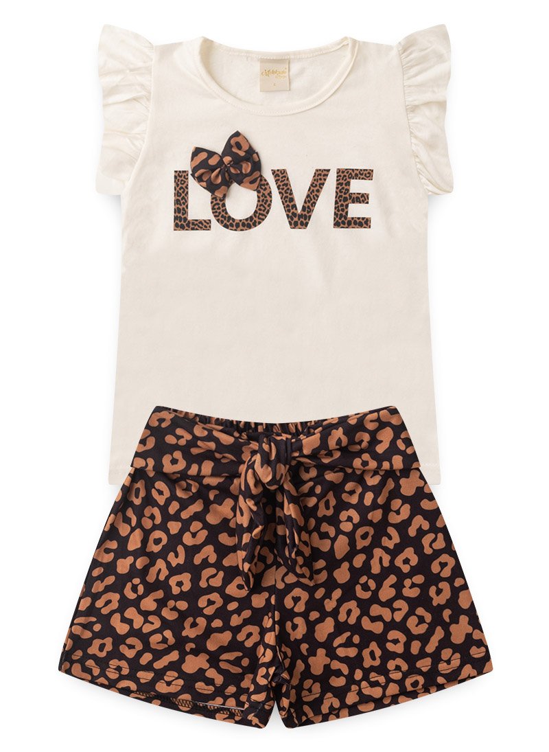 Conjunto Verão Menina Natural Blusa e Shorts Oncinha