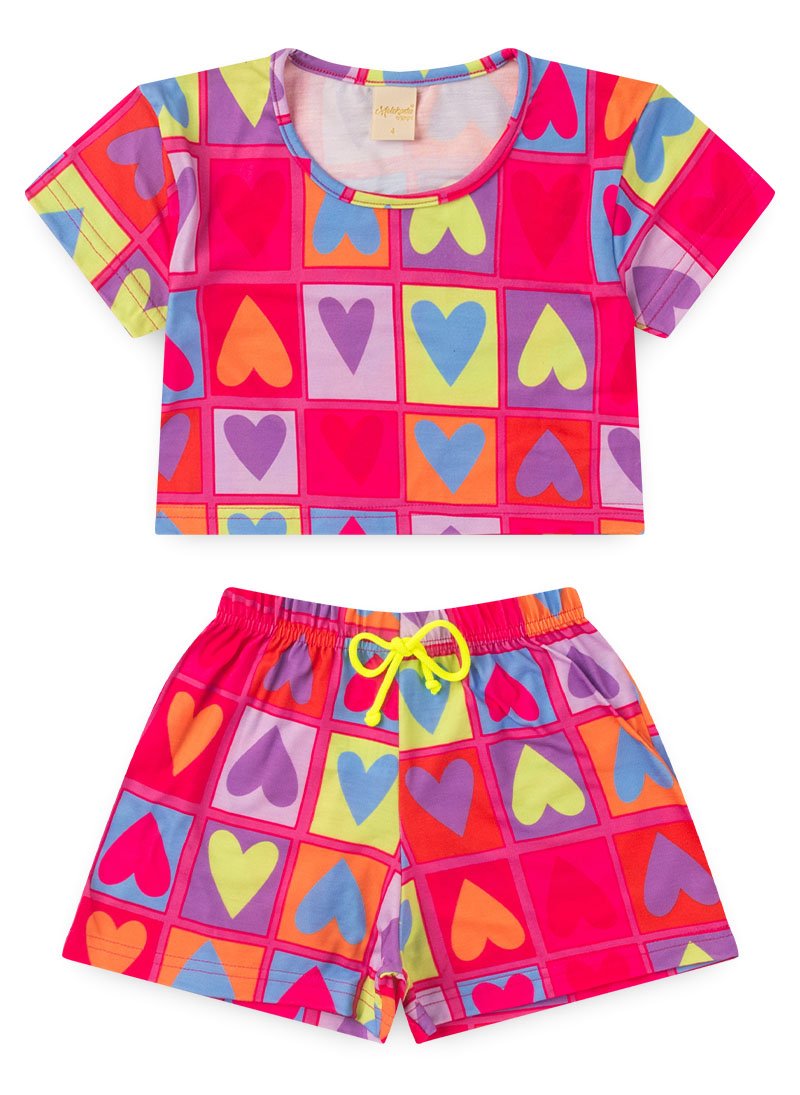 Conjunto Verão Menina Magenta  Cropped E Shorts Corações