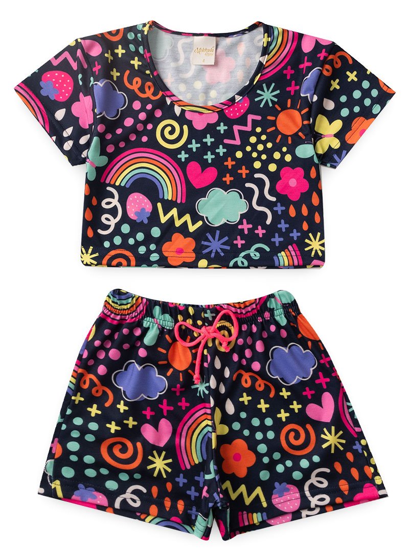 Conjunto Verão Menina Marinho Cropped e Shorts Chuva de Cores