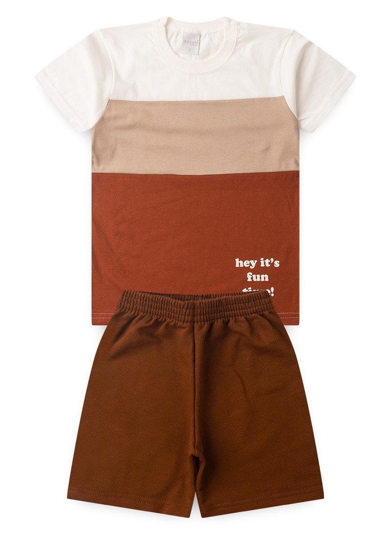 Conjunto Verão Menino Infantil Natural Camiseta e Bermuda Recortes