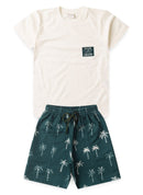Conjunto Verão Menino Natural Camiseta e Bermuda com Recorte Coqueiros