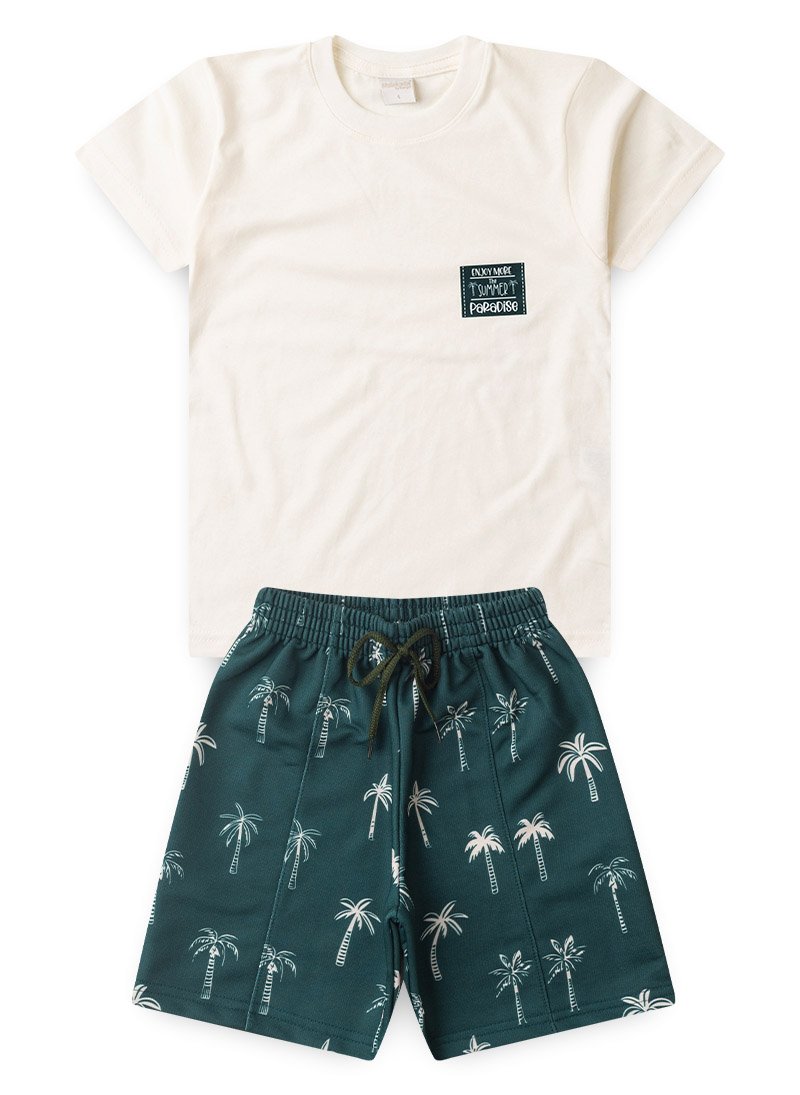 Conjunto Verão Menino Natural Camiseta e Bermuda com Recorte Coqueiros