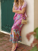 Satin printed open back midi dress