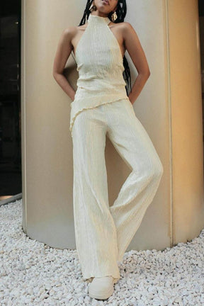 Sem mangas halter top cintura alta casual calças largas terno