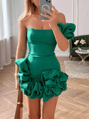 Ruffled flower bud waist dress one-shoulder tube top hip skirt