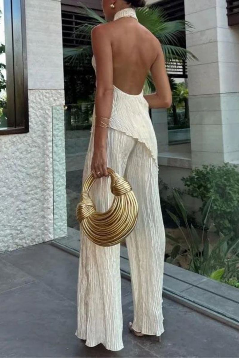 Sem mangas halter top cintura alta casual calças largas terno