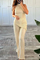 Sem mangas halter top cintura alta casual calças largas terno