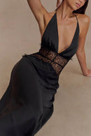 Vestido longo sexy com decote halter e costas nuas