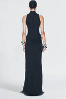 Vestido longo com fenda e ajuste em blocos de cores