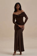 Vestido longo com fenda sem alças e estampa Pam