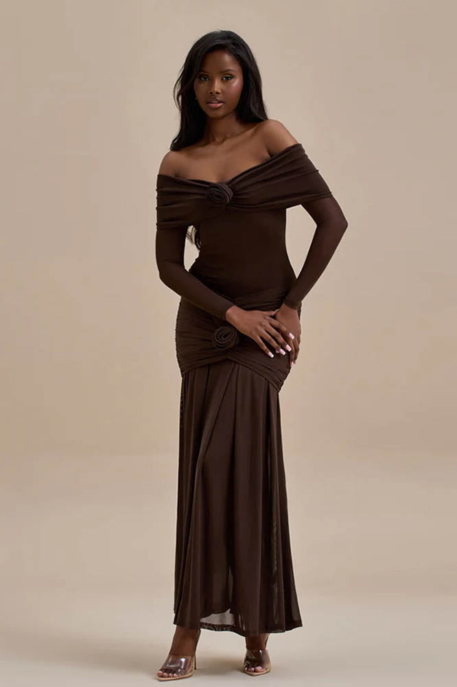 Vestido longo com fenda sem alças e estampa Pam