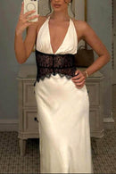 Vestido longo sexy com decote halter e costas nuas