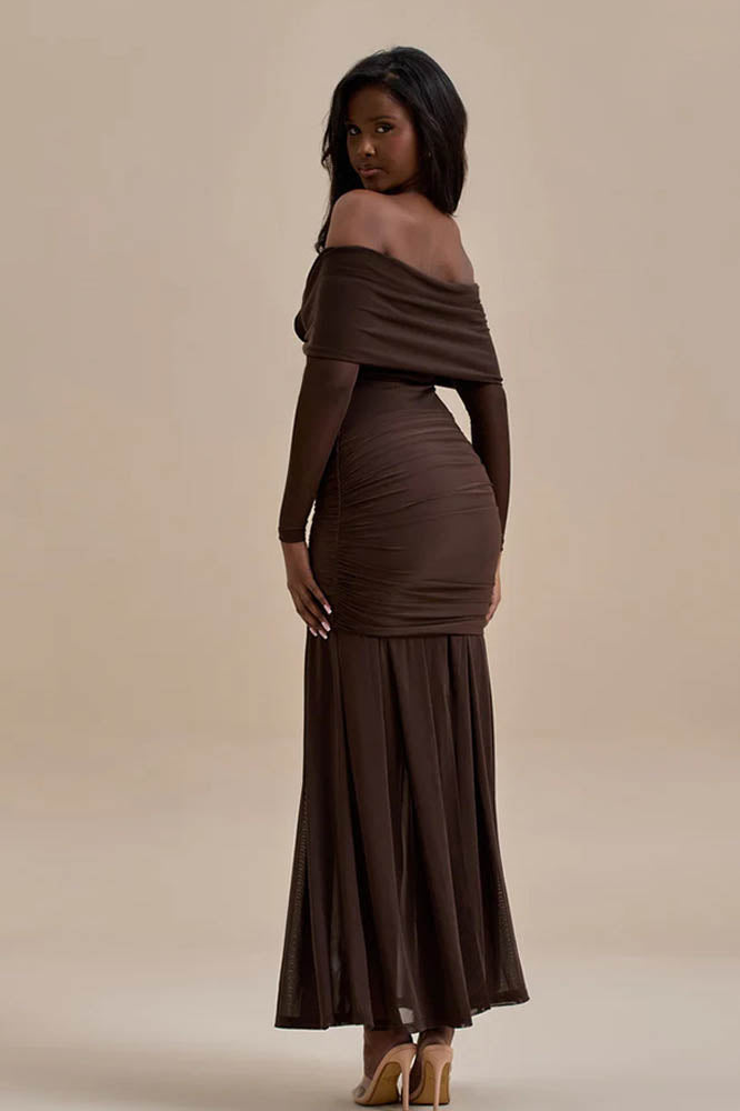 Vestido longo com fenda sem alças e estampa Pam