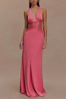 Vestido longo sexy com decote halter e costas nuas