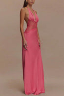 Vestido longo sexy com decote halter e costas nuas
