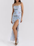 Blue loral print mesh maxi dress