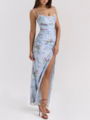 Blue loral print mesh maxi dress