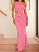 Solid color off-shoulder dress with 3D flowers