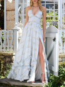 Floral Faux Pearl Frill Split Maxi Dress