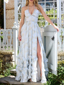 Floral Faux Pearl Frill Split Maxi Dress