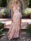 Floral Faux Pearl Frill Split Maxi Dress