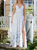 Floral Faux Pearl Frill Split Maxi Dress