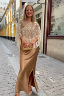 Party Ready Sequin Fringe Cape Satin Dress