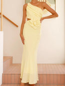 Solid color off-shoulder dress with 3D flowers