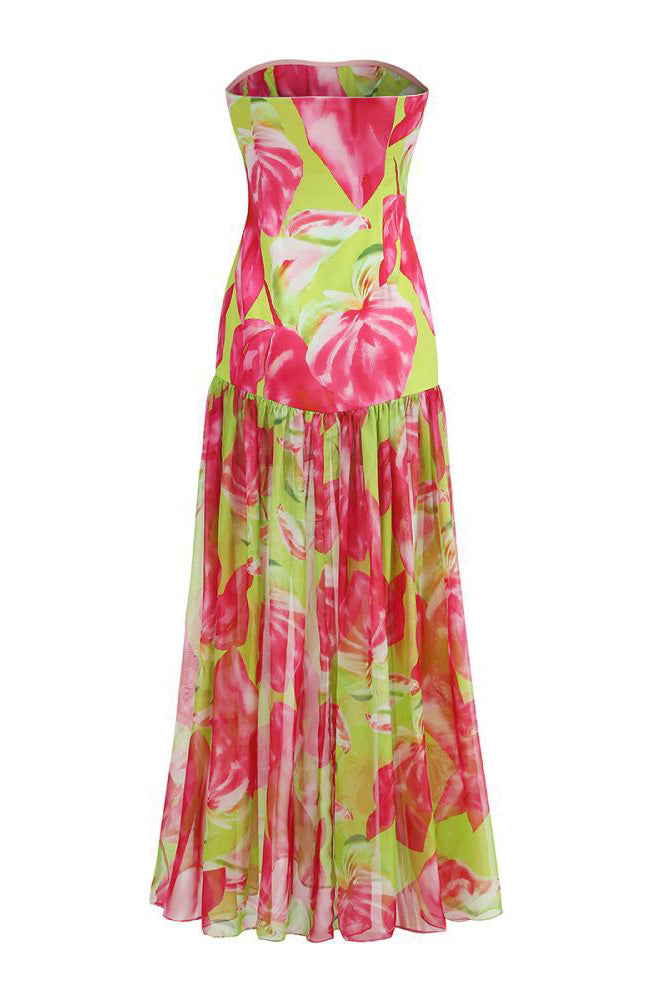 Vestido longo com fenda sem alças e estampa Pam
