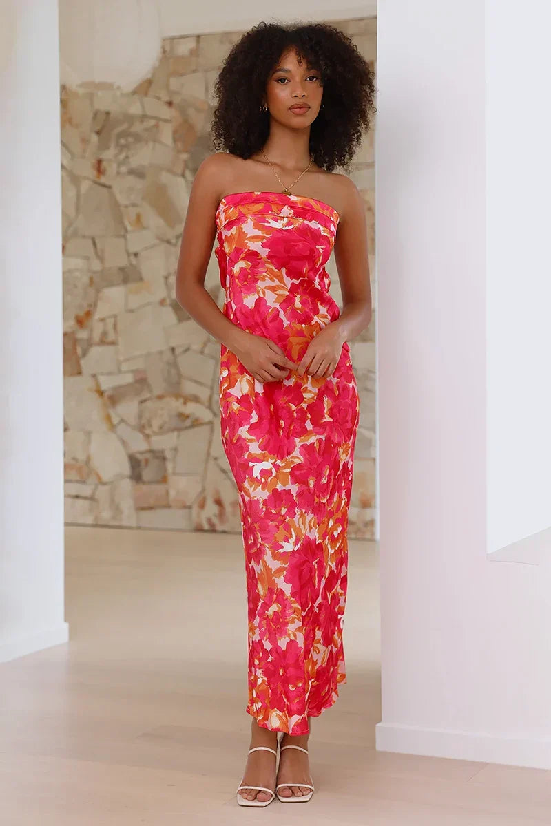 Vestido longo Miya - Floral rosa/vermelho
