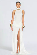 Vestido longo com fenda e ajuste em blocos de cores