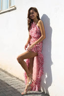 Vestido com estampa floral com babado renal